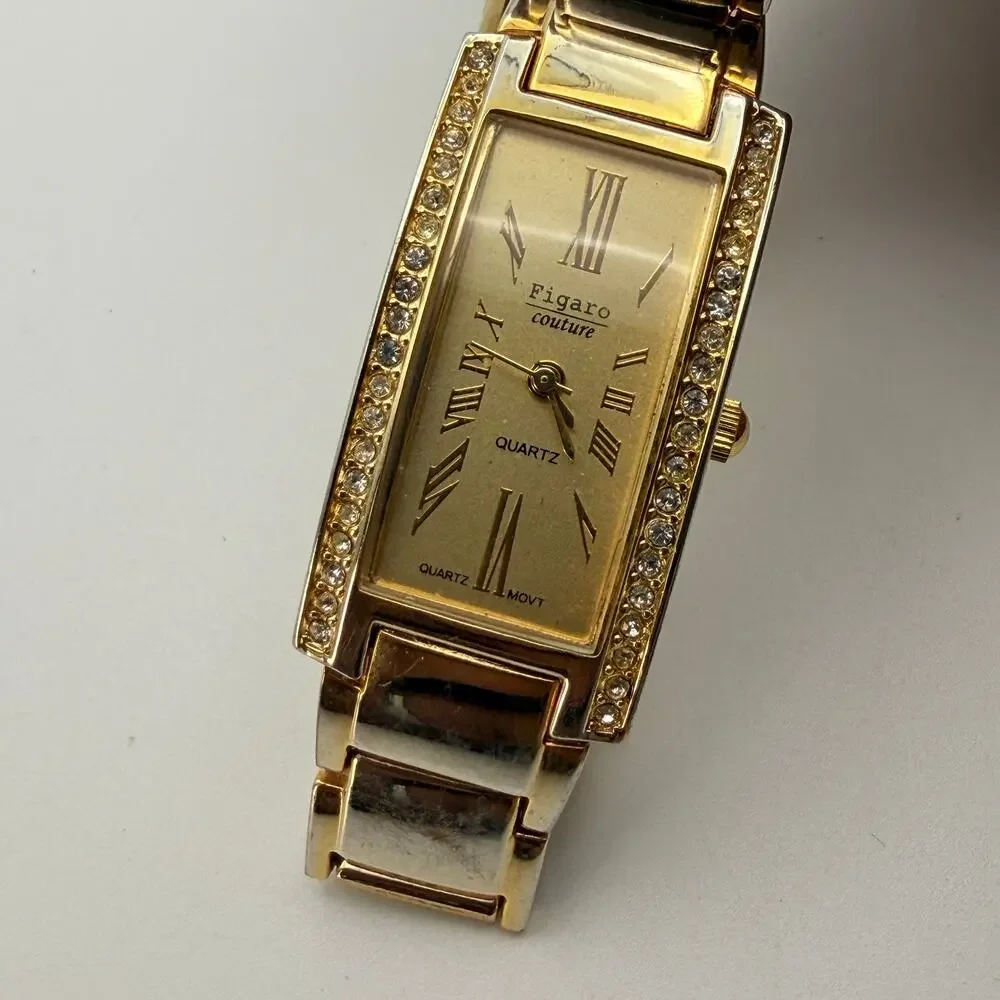 Elegant Figaro Couture Gold-Tone Rectangular Quartz Watch Working New Battery